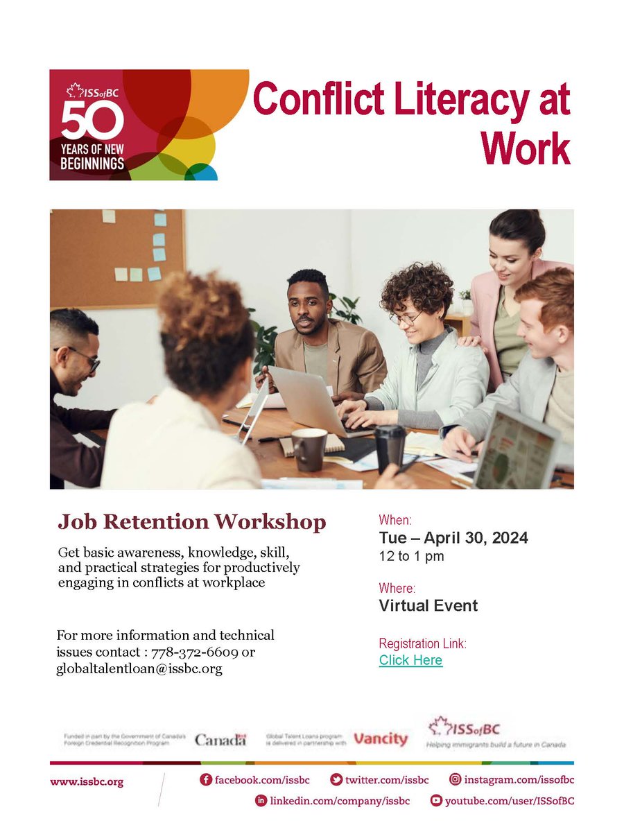 Get basic awareness, knowledge, skill, and practical strategies for productively engaging in conflicts at workplace.  

April 30 | 12:00 - 1:00pm | bit.ly/3QiYyc4 @issbc 

#newtobc #jobretention #workplaceconflict #bc #lowermainland #issbc