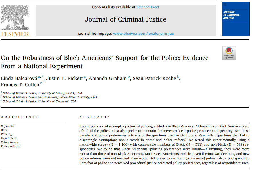 (1/4) New study with PhD student @LindaBalcar. Gallup and Pew Research found that most Black Americans want to maintain or increase levels of local police patrol and spending. We tested experimentally if these policy preferences are firm. They are firm. 

sciencedirect.com/science/articl…