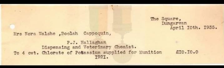 A receipt for Nora Walsh neé O'Keeffe for the purchase of ingredients to make explosives during the War of Independence.Which she made at Mount Melleray near her home a leading safe house (later Cats bar) Sadly Nora died in 1937 weeks before a pension she fought for was awarde 💚