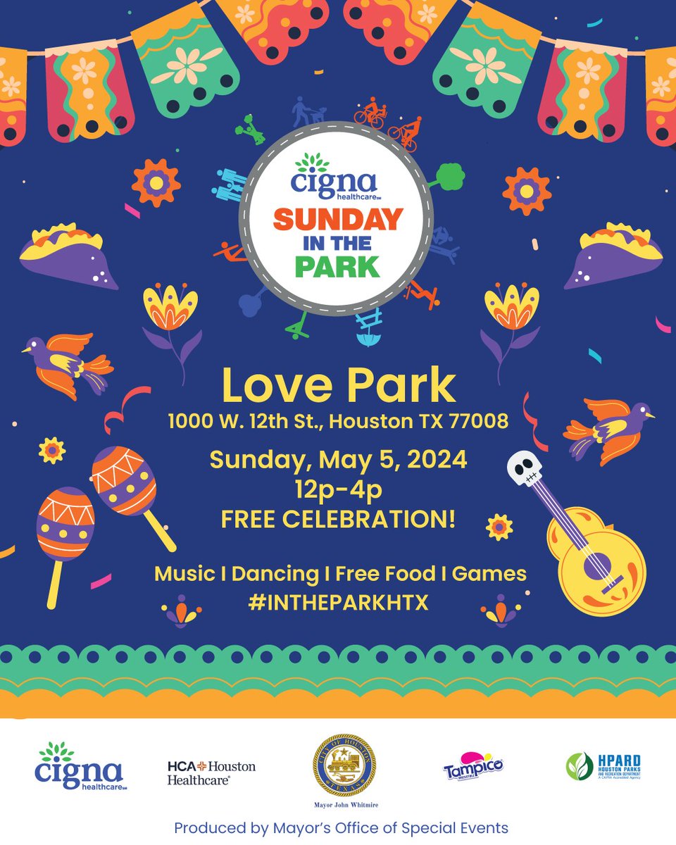 ¡Únete a nosotros en Cigna Sunday in the Park! ¡Domingo 5 de mayo en Love Park, 1000 W. 12th St., de 12pm-4pm! Disfruta de música, juegos y comida gratis mientras recibes tus vacunas COVID-19 para mayores de 5 años de HHD. #SundayInThePark  #GoHealthtyHouston #Here4u