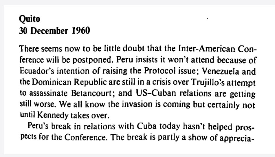 December 1960: “We all know the invasion is coming but certainly not until Kennedy takes over.” 😐 So just to confirm everyone and their dog knew the BayOfPigs ‘thing’ (aka Invasion of Cuba) was going to happen, so it was not the reason Kennedy was killed. Its a distraction.
