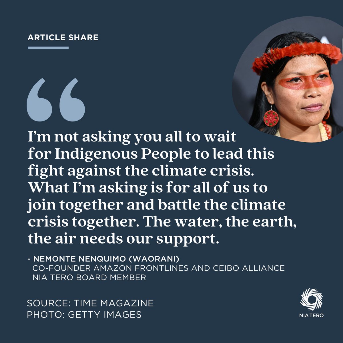 🎉 Congrats to Nemonte Nenquimo, an Indigenous leader who was recognized this week for her contributions to advancing Indigenous rights. Nenquimo (Waorani) is a Nia Tero board member and founder of Amazon Frontlines and @alianzaceibo. Read more at bit.ly/3Wi2LR5