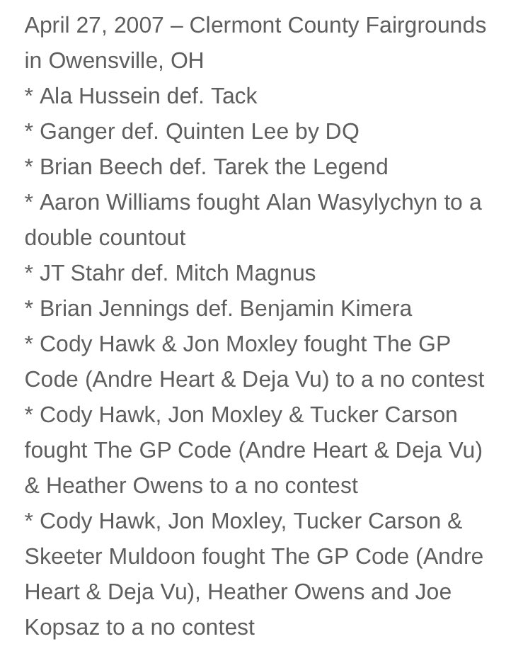 Today in @HWAOnline history 

2007 in Owensville, OH feat. @Quinten_Lee @PlanetWilliams1 @JeffCarpenterH8 @buffalobadboy12 @CodyFnHawk @H2Owens + Jon Moxley, Tack, Brian Beech and more!

Full results: