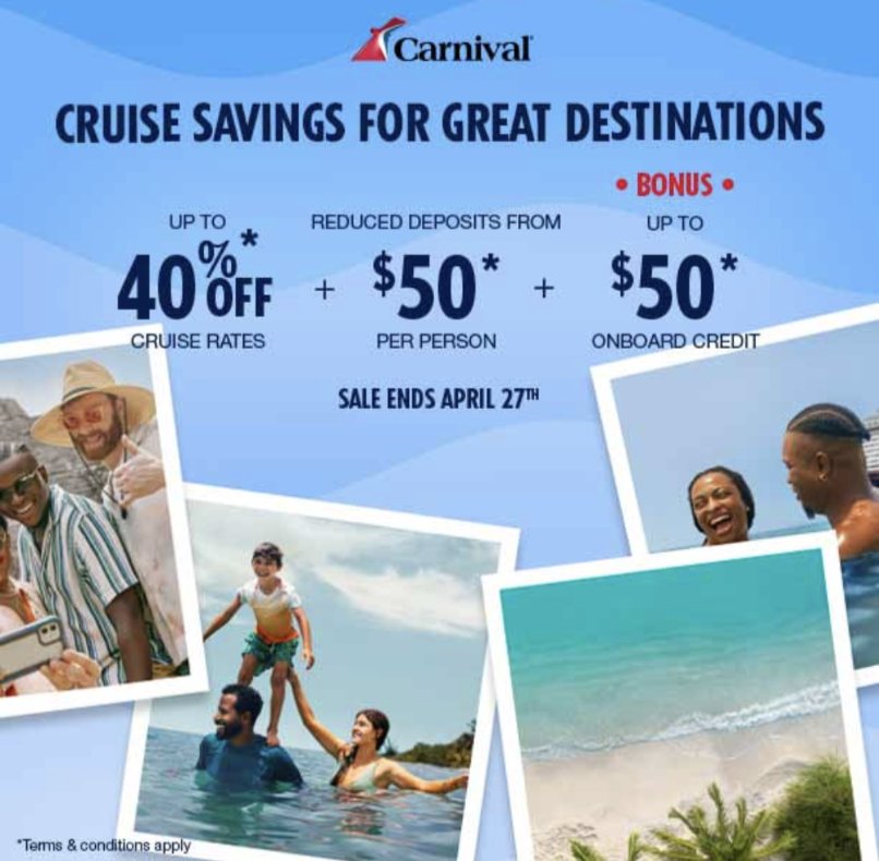 Sale Ends today April 27th contact me to book your cabin. #getoutthere 
#carnivalcruise   #travelmation #travelmationtravel #letsbookatrip #GetOutThere #savings