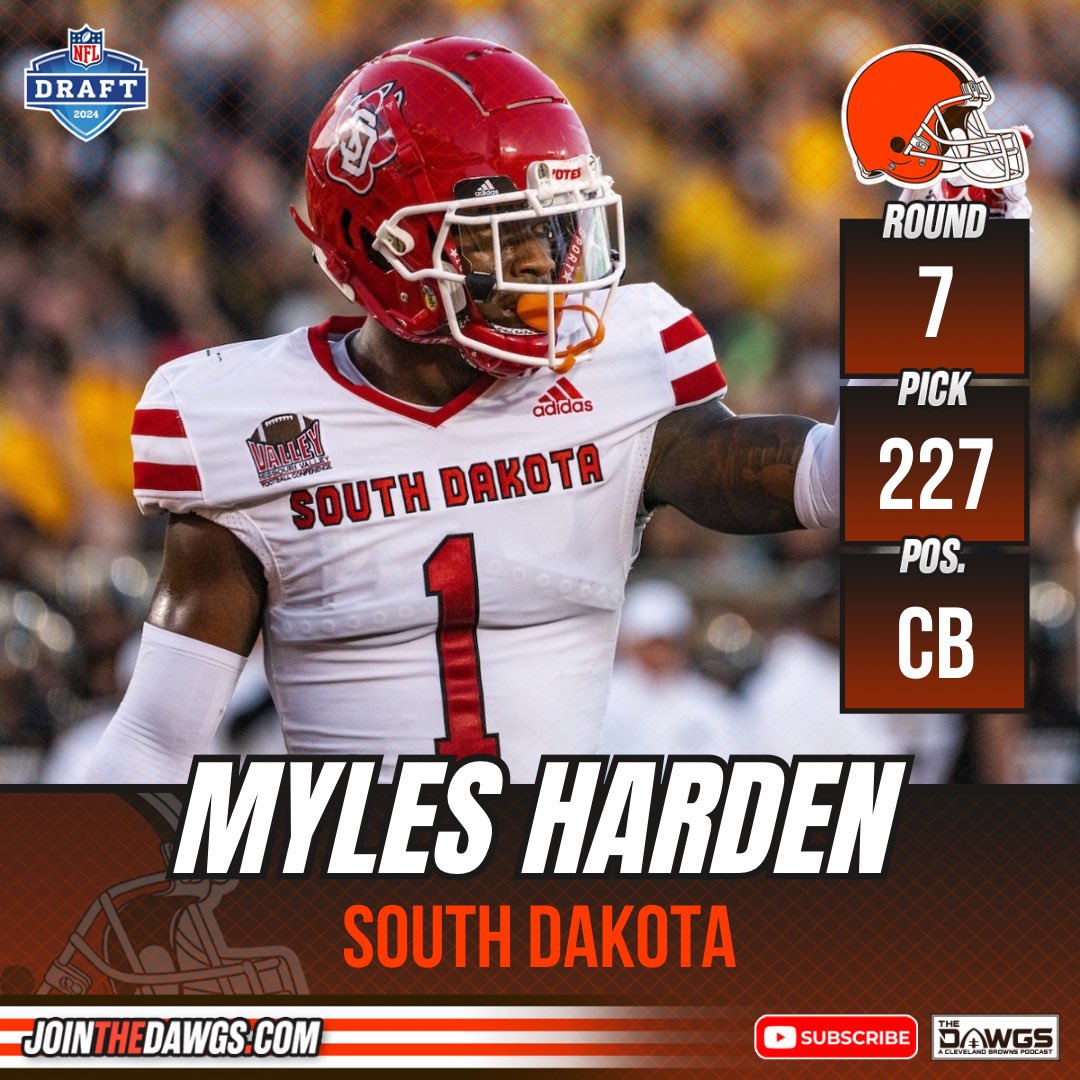 The #Browns select CB Myles Harden from South Dakota in the 7th round, 227 overall. #DawgPound x #Nfldraft