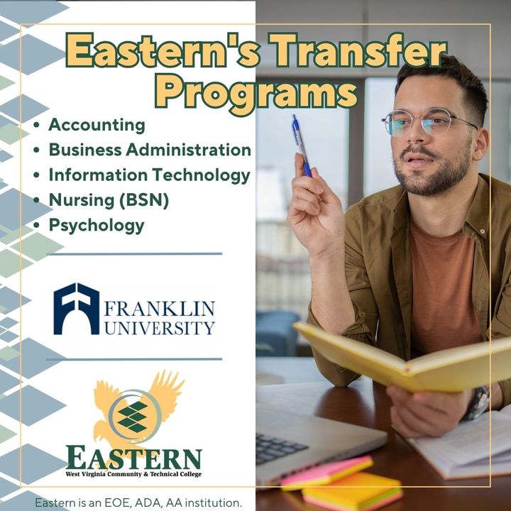 Check out the wide range of #TransferPrograms available at EasternWV🦅 like with #FranklinUniversity! Earn your bachelor's degree online in subjects like nursing, psychology, accounting, and more! Explore your options today at easternwv.edu/academics/tran… #OnlineDegree #DiscoverEWV