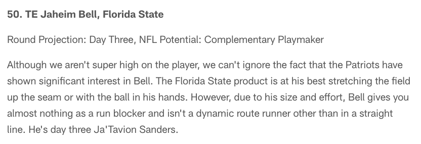 With their last pick, the #Patriots select TE Jaheim Bell from Florida State. Another hit for the big board. Bell was the last player in my top 50. Wasn't crazy about him early on day three, which is where some of the projections had him. But this is great value.