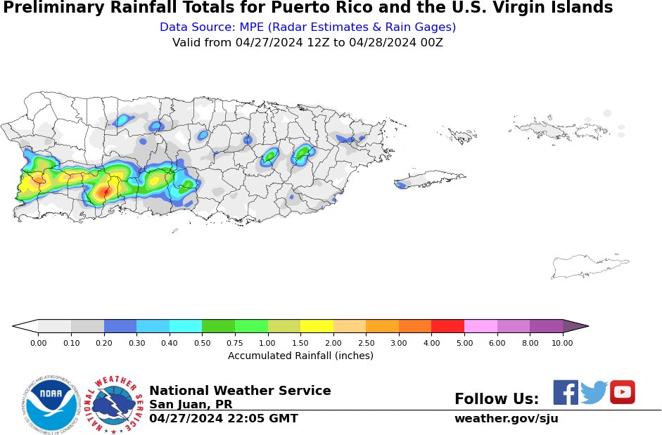 Apr 23 6:12 PM AST- Peñuelas, Yauco y Guayanilla Advertencia de Inundaciones hasta las 7:15 PM AST.
Para las Justas en Mayagüez, seguirá la lluvia ligera temprano esta noche. 
 Flood Advisory remains until 7:15 PM AST. For las Justas, generally light rain early tonight. #prwx