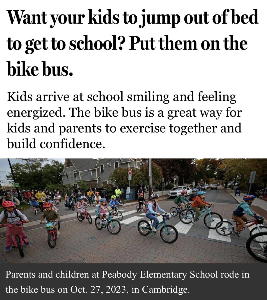 “Nearly 50 percent of American school-age children walked or biked to school in the late 1960s. In 2009, only 13 percent did.” The Bike Bus movement, led in large part by @CoachBalto/@BikeBusWorld has helped countless children and families bike to school safely and joyfully 👏❤️