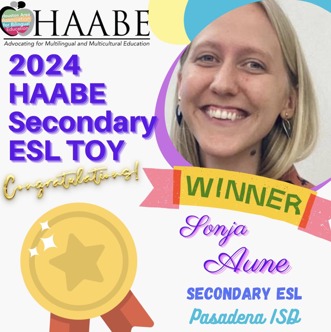 And the winner is…
The @HAABE_ #haabetoy2024 #eslteacher #secondaryeducation TOY is Ms. Sonja Aune from @PasadenaISD_TX 
Congratulations!!!
@TA4BE @NABEorg