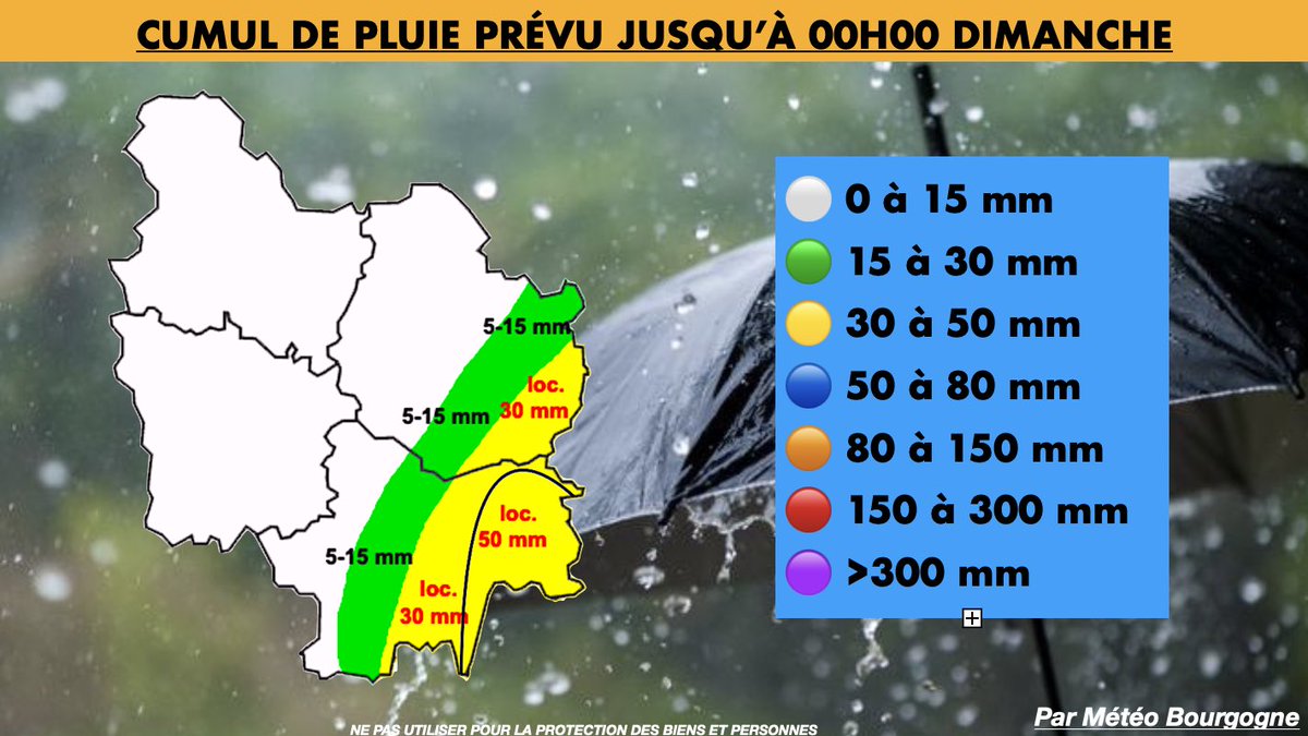 🟨⌈#VigilanceJaune⌋➡️#pluie et #inondation ☔️ #meteo71 

🔹Dès la matinée dominicale, de fortes pluies 🌧️ toucheront la Saône-et-Loire (partie Est) avec des cumuls parfois important pour un FIN #Avril.

🔹Les fortes pluies pourront déborder en Côte-d’Or.