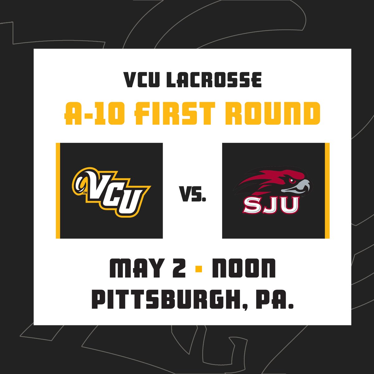 We're headed to Pittsburgh to face Saint Joseph's in the first round of the @atlantic10 Championship on Thursday, May 2 at noon 👏 🔗 tinyurl.com/49a8nrp7 #LetsGoVCU