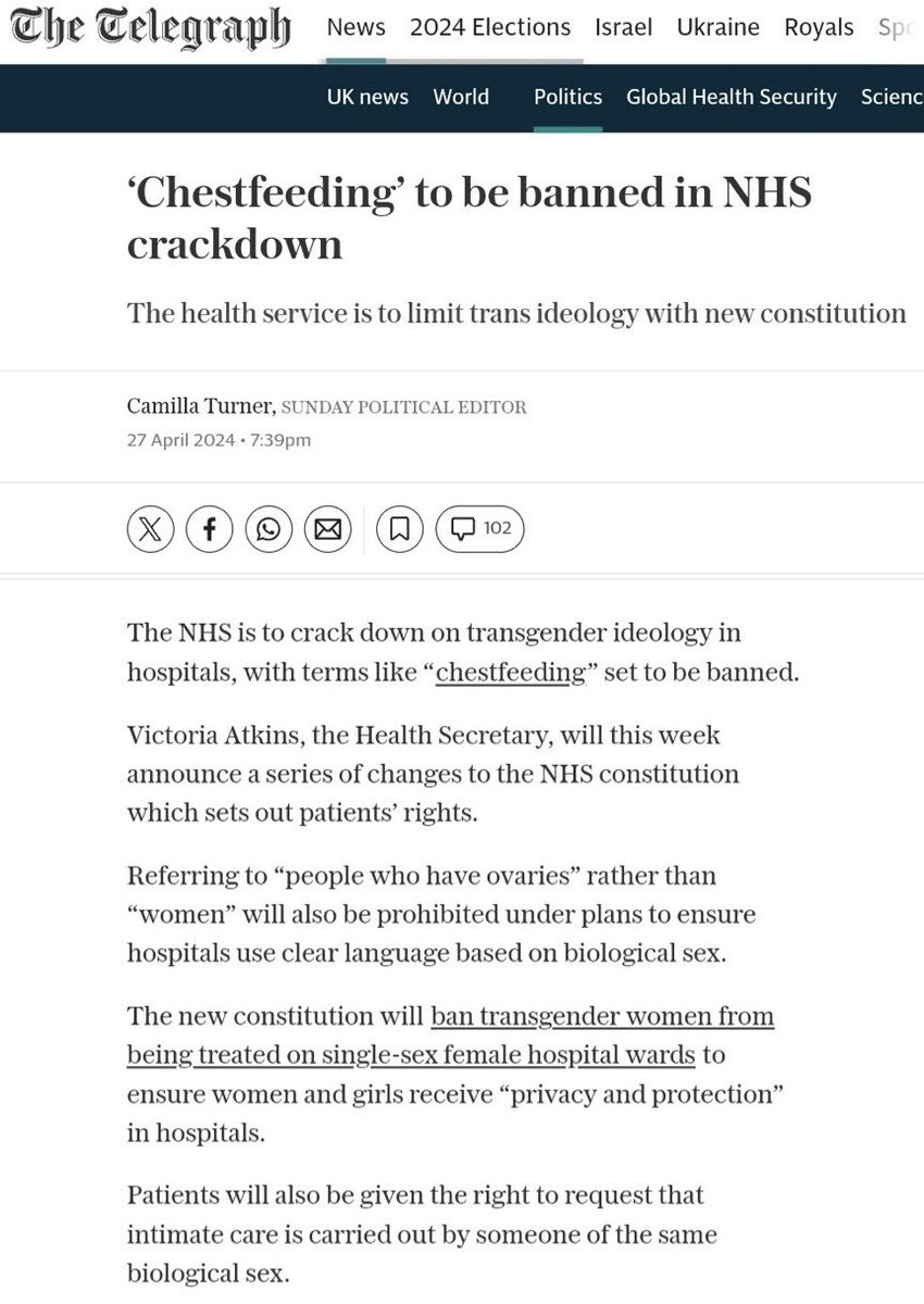 🚨 BREAKING: NHS moves away from gender ideology to prioritise women and girls in female healthcare settings. ✅Removal of dehumanising language such as ‘chestfeeding and cervix-owner. ✅Ban on men identifying into single-sex female hospital wards. ✅ female patients can…