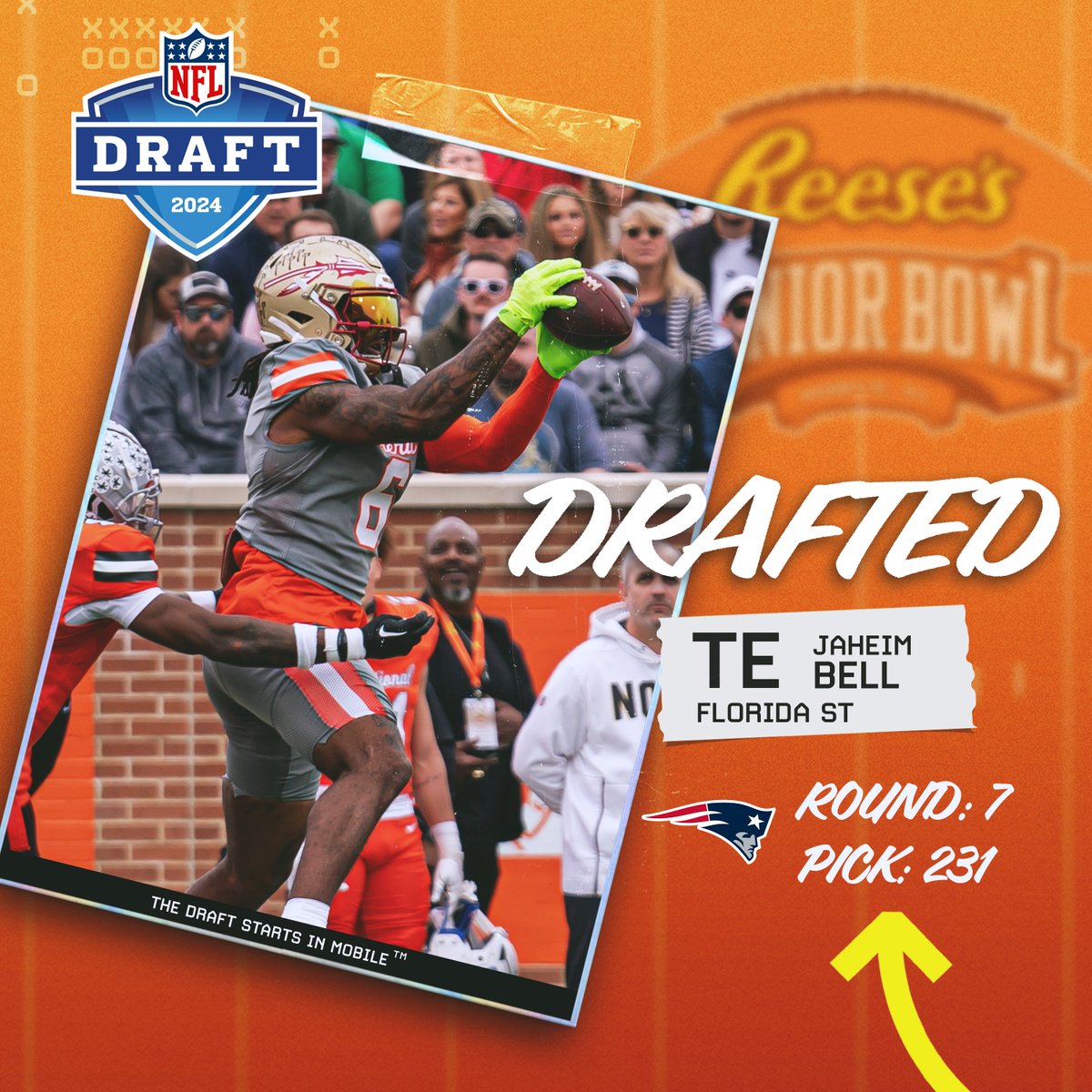 #NFLDraft The @Patriots have selected Senior Bowl alum @dba_bell out of @FSUFootball. Congratulations! #ForeverNE #TheDraftStartsInMOBILE™️