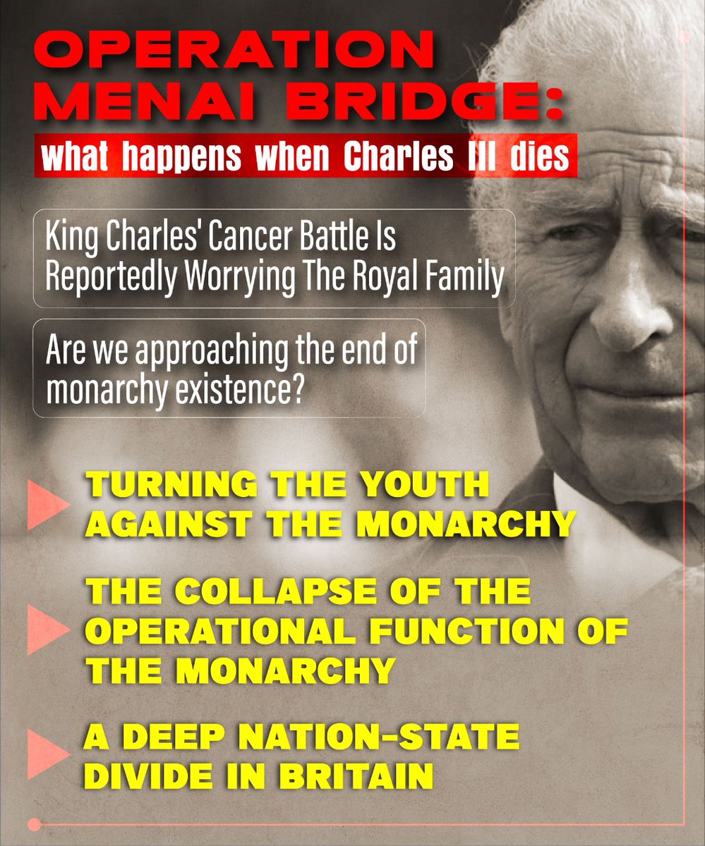 'OPERATION ΜΕΝΑΙ BRIDGE' deals with post-Charles III era uncertainties amid his cancer battle, raising questions about the monarchy's relevance and unity in Britain. #AbolishTheMonarchy #NotMyKing