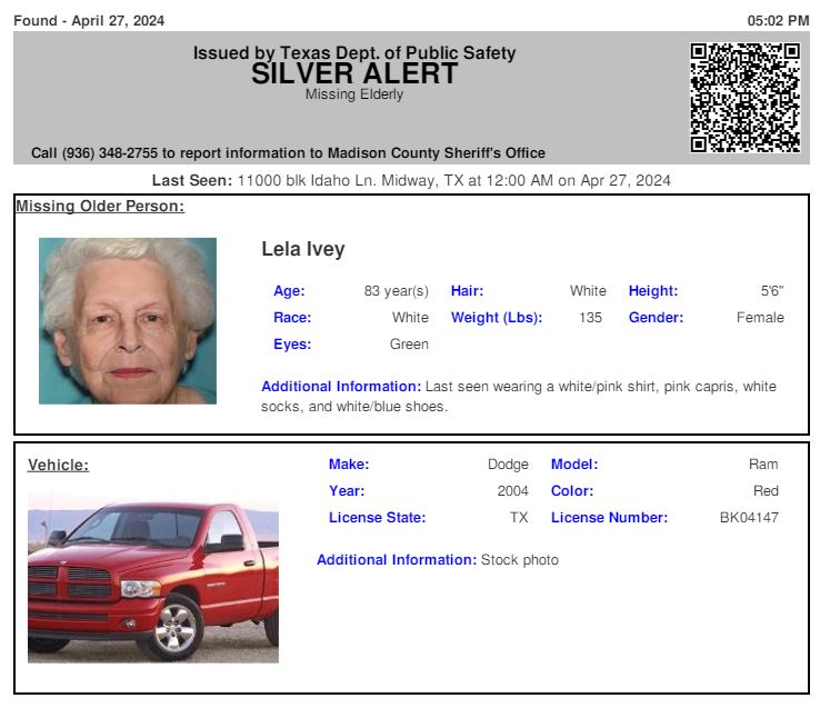 DISCONTINUED SILVER ALERT for Lela Ivey from Midway, TX, on 04/27/2024,Texas plate BK04147