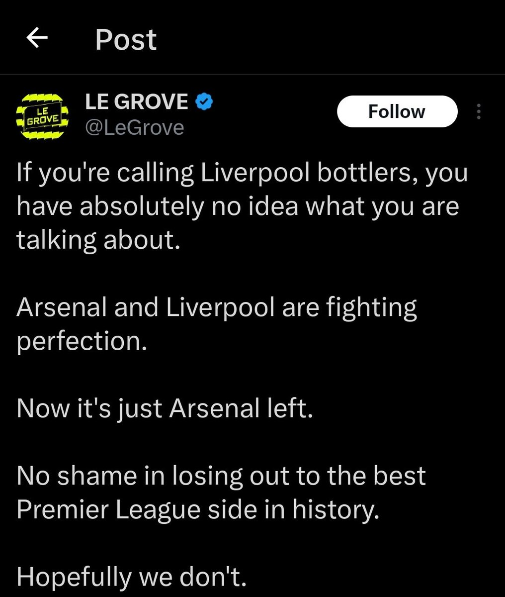 Do you know that this LeGrove started the WengerOut campaign.  Maybe not the # but started the negativity against Arsene. Arsene Wenger was supposed to compete against & beat United, Chelsea, City, Bayern , Real Madrid, Barca on limited resources.  Smh!