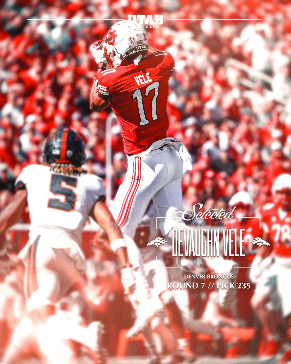 Utah Football (@utah_football) on Twitter photo Devaughn Vele is joining the <a href="/Broncos/">Denver Broncos</a> 🙌
Congrats, @devaughn_vele ‼️
2024 #NFLDraft | April 25-27 | NFL Network/ESPN/ABC Devaughn Vele is joining the <a href="/Broncos/">Denver Broncos</a> 🙌
Congrats, @devaughn_vele ‼️
2024 #NFLDraft | April 25-27 | NFL Network/ESPN/ABC