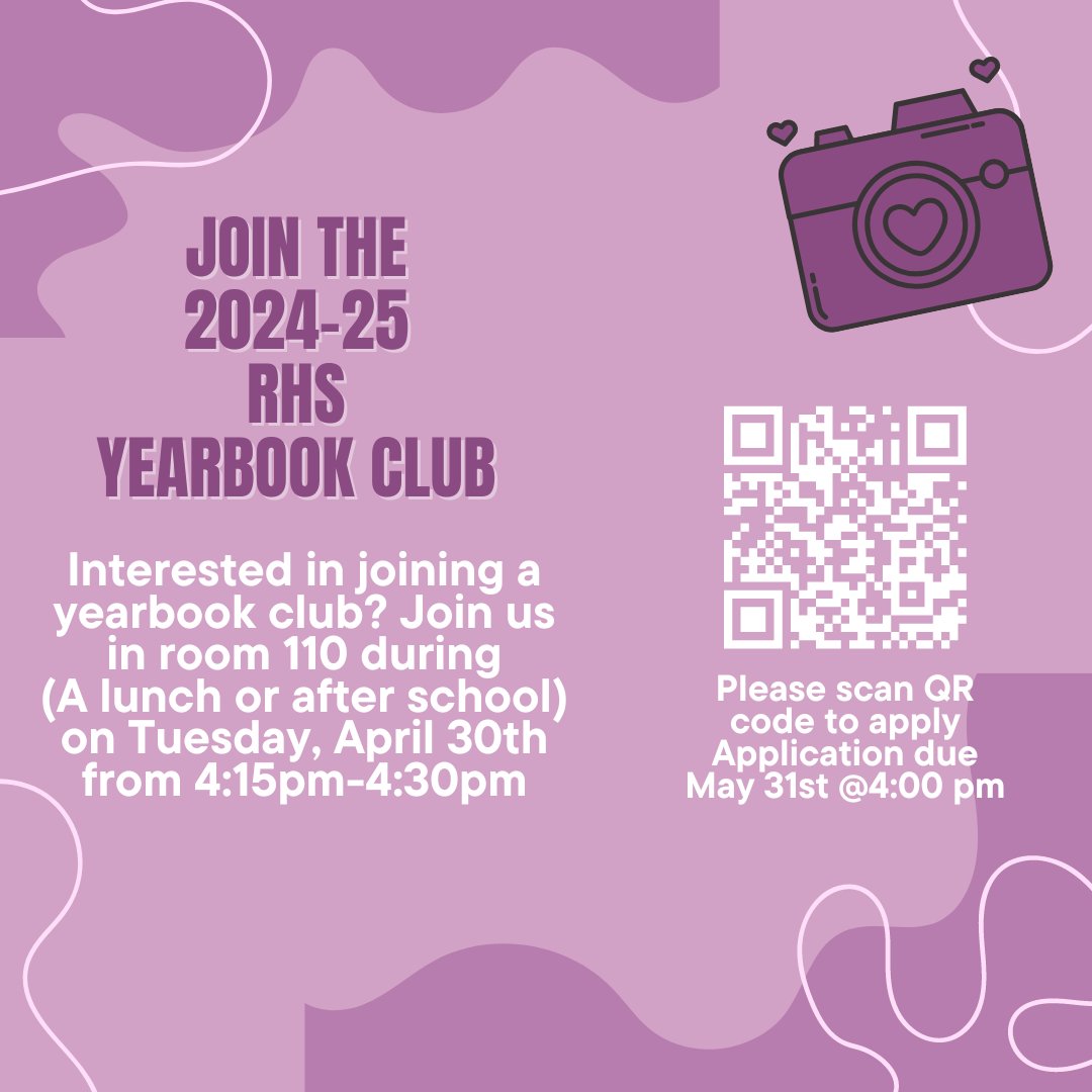Hey Rangers!!!🤠 Join the 2024-25 yearbook club, a wonderful club where you can meet new people & gain skills such as like photography, journalism,design, and marketing. If you are interested please come down to room 110 on Tuesday May 30th. We hope to see you all there.🧡💙🤍