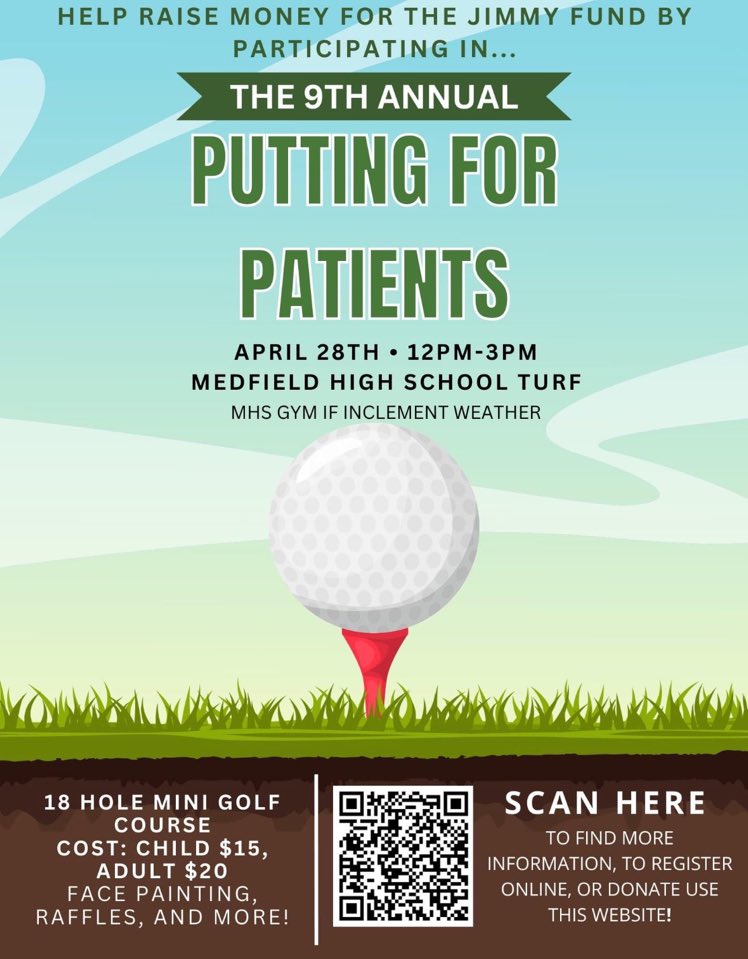 9th annual Putting for Patients event is TOMORROW!!

Sunday, April 28th from 12PM to 3PM on the Medfield HS turf! All proceeds and donations go to the Jimmy Fund and Dana-Farber Cancer Institute! You can also donate here: danafarber.jimmyfund.org/goto/medfieldp…

Thank you for your support!