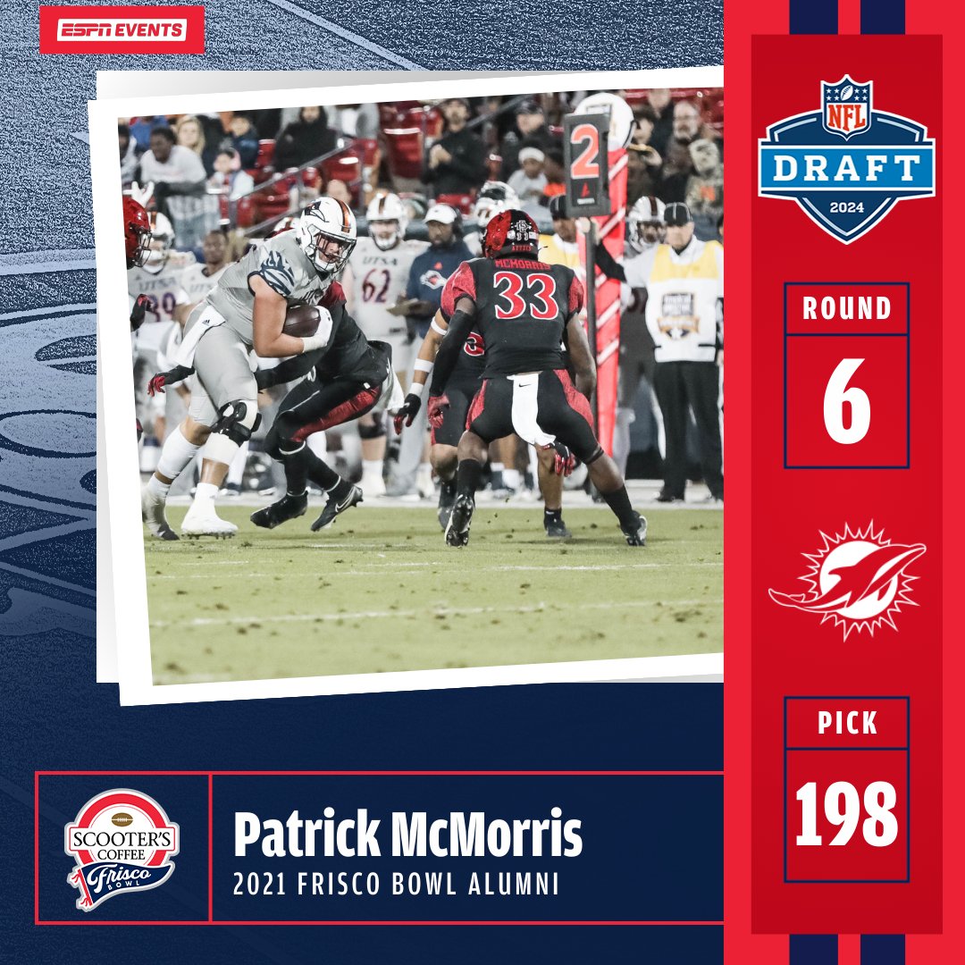 The Scooter's Coffee Frisco Bowl would like to congratulate @AztecFB 's @McmorrisPatrick  for being selected by the @MiamiDolphins in the NFL Draft! Good luck in the NFL!

#NFLDraft2024 | @BowlSeason