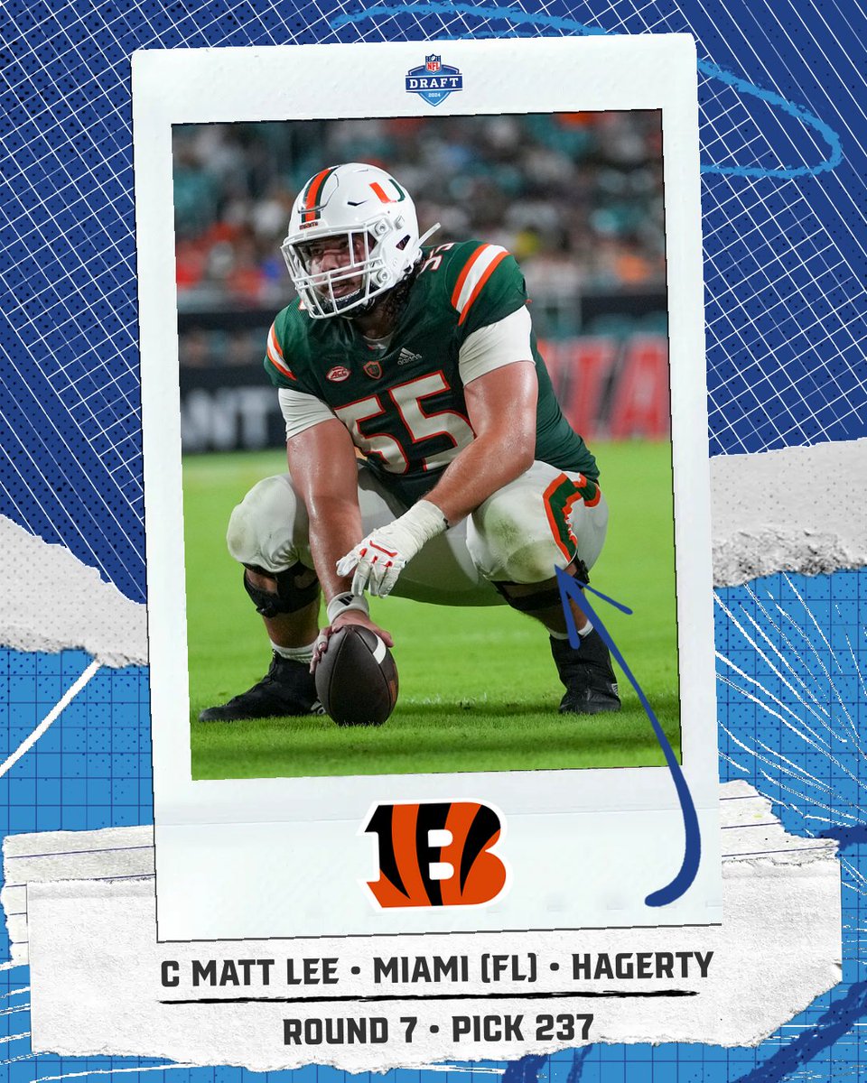 2024 #NFLDraft FLORIDA DRAFT ALERT! ROUND 7 - PICK NO. 237 Cincinnati Bengals C Matt Lee Miami (FL) Hagerty 2024 FLORIDA NFL DRAFT TRACKER: floridahsfootball.com/2024/04/25/202… 📸: University of Miami (FL) Athletics #flhsfb @Hagerty_FB @HagertySports @JCCarnz @CenFLAPreps @DanLaForestFB