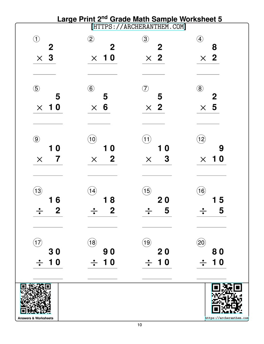 Large Print 2nd Grade Math Multiplication & Division Worksheet  [ARCHERANTHEM.COM]. Designed for Children with Low Vision. Scan the QR or click the link for  samples & answers. 
archeranthem.com/workbooks/larg…
#archeranthem #math #visualimpairment #largeprint #lowvision #SightLoss