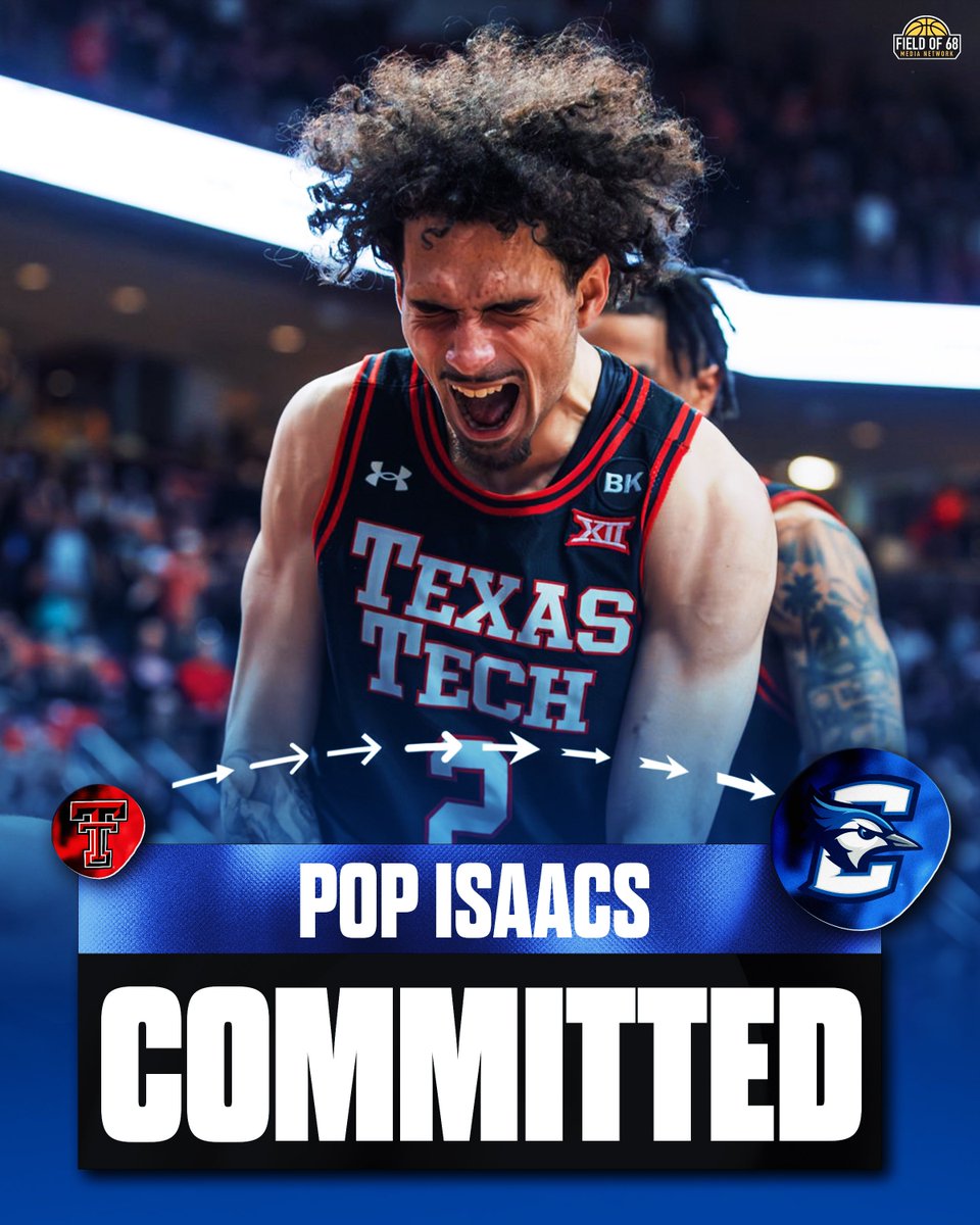🚨BREAKING🚨 Texas Tech G Pop Isaacs has committed to Creighton, he announces on @TheFieldOf68 . The 6-2 sophomore averaged 15.8 PPG for the Raiders this season.