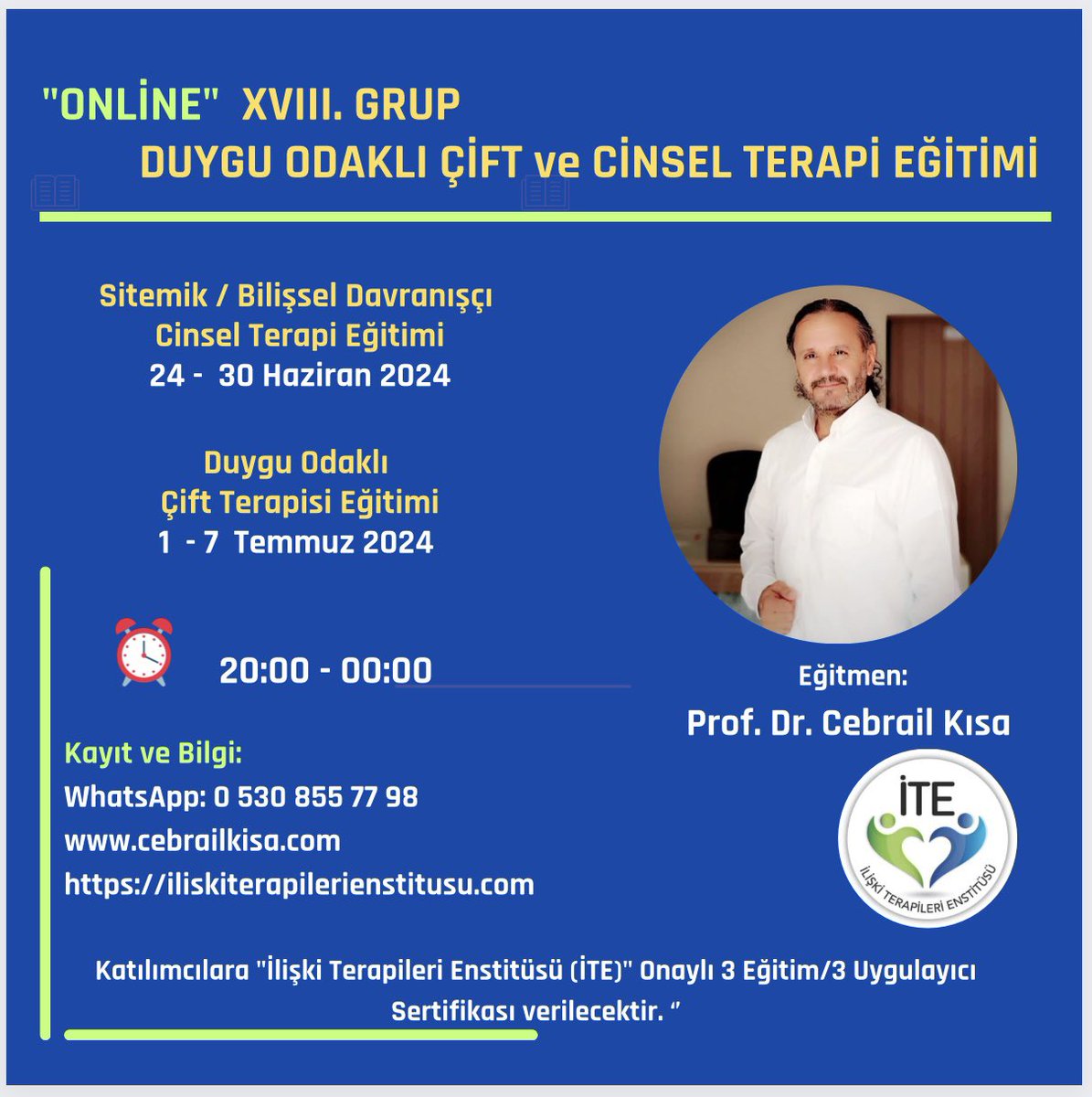 Merhaba XVIII. GRUP YOĞUNLAŞTIRILMIŞ
ONLİNE-UZAKTAN EĞİTİM “DUYGU ODAKLI ÇİFT ve 
CİNSEL TERAPİ EĞİTİMİ” BAŞLIYOR.