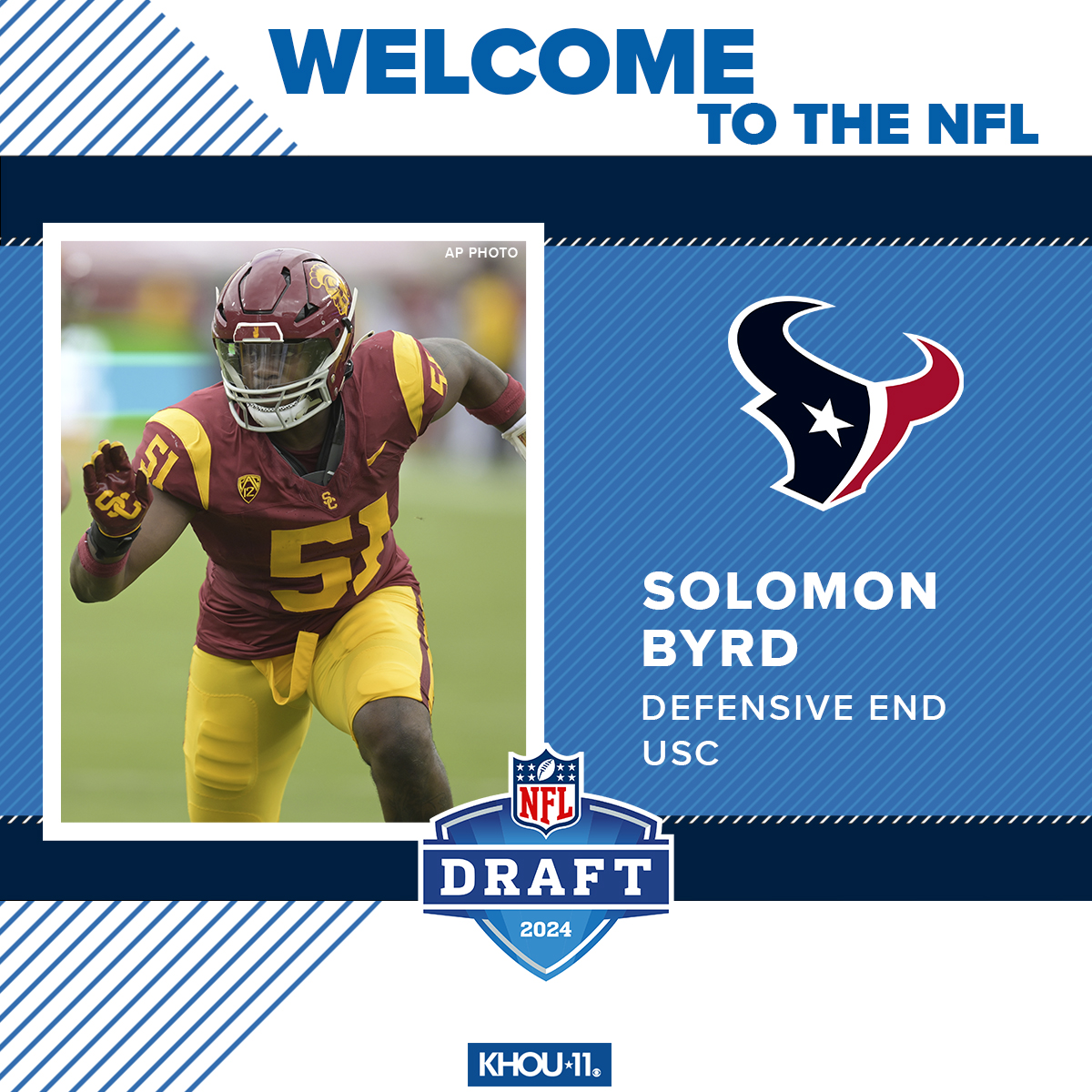 Solomon Byrd is heading to H-Town! The @Texans picked up the @uscfb defensive end with the 238th overall pick in the #NFLDraft. khou.com/article/sports…