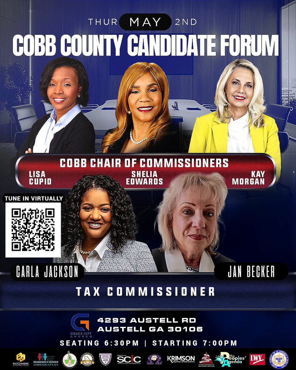 cobbdemocracy's tweet image. We have another upcoming candidate forum for Chair of Commissioners and Tax Commissioners. Please join us in Austell at 7PM to learn about these candidates. We will have the virtual link in our bio on the day of event.