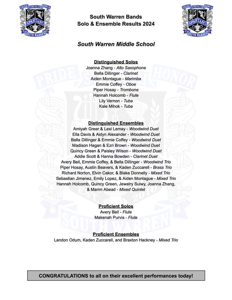 southwarrenband's tweet image. CONGRATULATIONS to all of these students for performing at Solo &amp;amp; Ensemble Festival today!  All these students volunteered to prepare a piece of music to perform for a judge for feedback &amp;amp; a rating.  We are so very proud of them!!