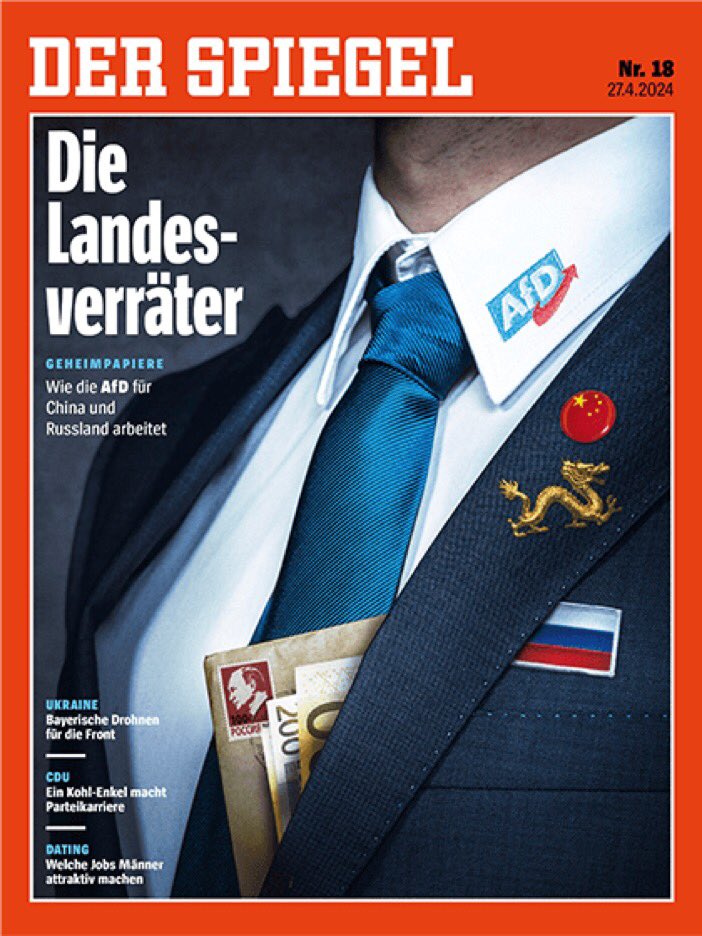 Les amis du #FN et de #BardePasLà au Parlement Européen font la Une du magazine #Spiegel 🇩🇪 avec ce titre:

„LES TRAÎTRES DU PAYS“
„Commence l‘#AfD travaille pour la Chine et la Russie“.

En verra-t-on les conséquences dans les urnes aux #Europeennes2024 #Europawahl24 ?