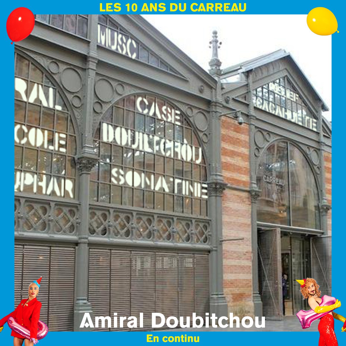 🎉 10 ANS 🎉 Découvrez « Amiral Doubitchou » d'Alexandre Perigot qui va parer la façade vitrée du Carreau du Temple de mots français d'origine étrangère ! 📆 Sam 18 mai (visites 14h30, 16h et 17h30) ⭐ Entrée libre / Inscription gratuite ▶ Infos : weez.li/6TPGEEXQ