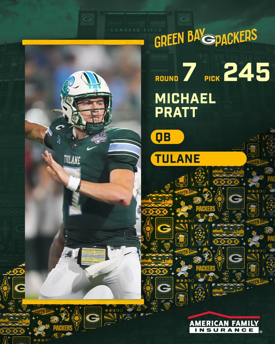 Green Bay Packers (@packers) on Twitter photo With the 245th pick in the 2024 #NFLDraft, the #Packers select QB Michael Pratt from Tulane University!
<a href="/amfam/">American Family Insurance</a> | #PackersDraft With the 245th pick in the 2024 #NFLDraft, the #Packers select QB Michael Pratt from Tulane University!
<a href="/amfam/">American Family Insurance</a> | #PackersDraft