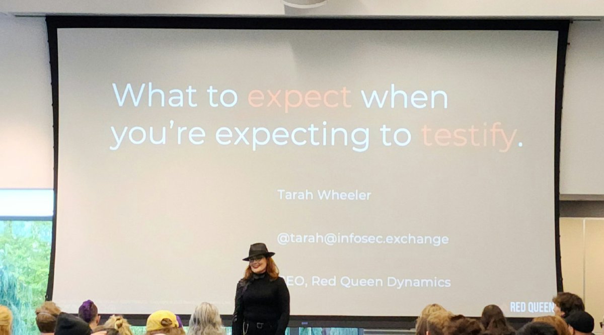 .@tarah presenting right now on 'What to expect when you're expecting to testify.' @redqueendyn @CFR_org @bsidesseattle #BSidesSeattle2024