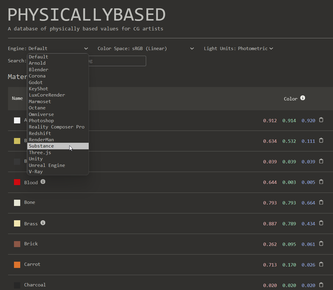 ArtOfPilgrim's tweet image. A really great material resource is physicallybased.info
it's a huge database of material values that target a wide variety of engine platforms. Like Unity, Unreal, Godot, Blender, Substance Painter and Marmoset. Which is just perfect for texturing. 
#gamedev #gameart
