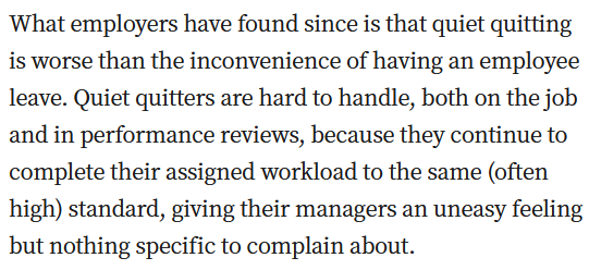 This isn't fake. This is an actual line in the article. 

So now it's "quitting" to do exactly the task assigned to you to a high standard.

This is why everything's gone to shit - we've got one, maybe two generations that grew up in a buyers market for labor and it shows.
