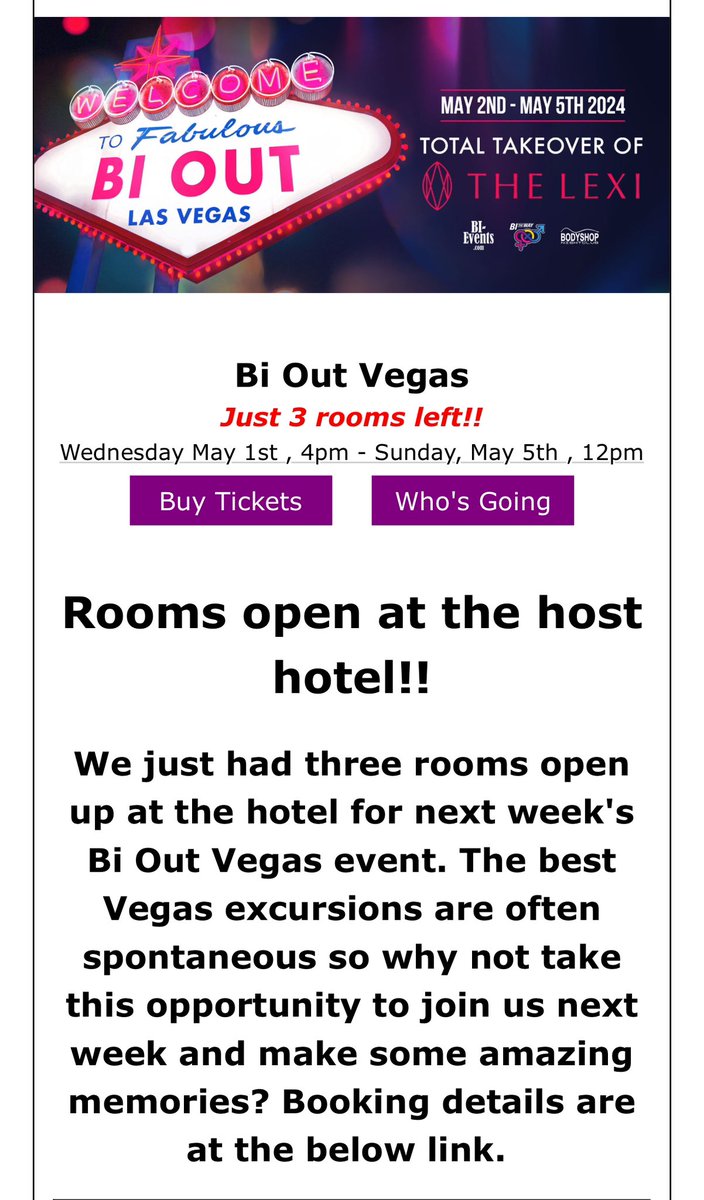 We will be at this event in Las Vegas representing Toms Trips and was previously was sold out, due to a few cancellations 3 rooms have become open. Check out Bi-Events.com # hotelparty #biweek #bisexual