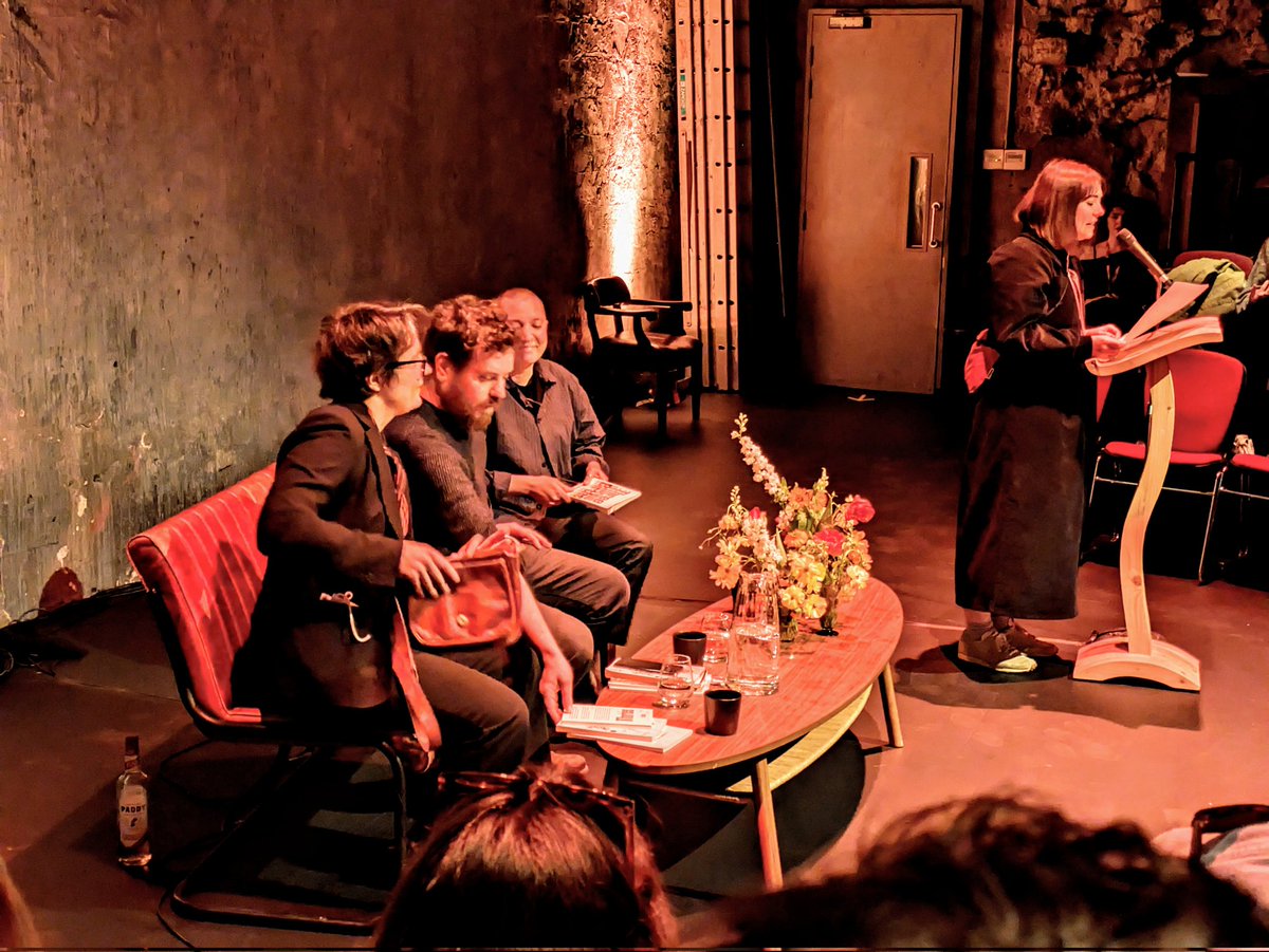 The brilliant Manuela Moser, Director of @CuirtFestival , introducing (l-r) poets Abigail Parry, Joey Connolly, and K Patrick @joeyrconnolly .