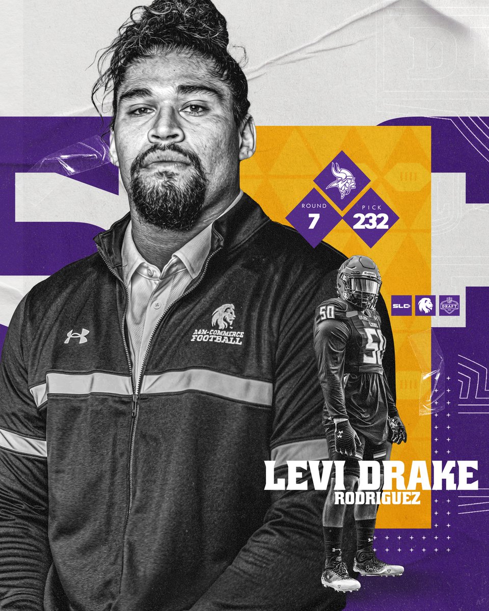 SKOL VIKINGS 🟣

Levi Drake Rodriguez of Texas A&amp;M-Commerce has been selected by the Minnesota Vikings as the 232nd Pick in the Seventh Round of the NFL Draft!  

#EarnedEveryDay x <a href="/DrakeRodriguez5/">Levi Drake Rodriguez</a>