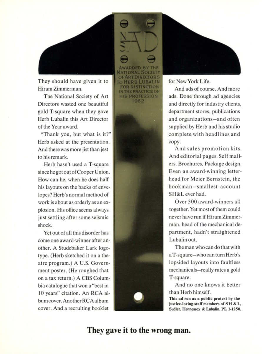 Ad agencies, advertising themselves. Sudler, Hennessey & Lubalin, 1962. 'Herb hasn't used a T-square since he got out of Cooper Union. How can he, when he does half his layouts on the backs of envelopes?' #advertising #adsforadagencies