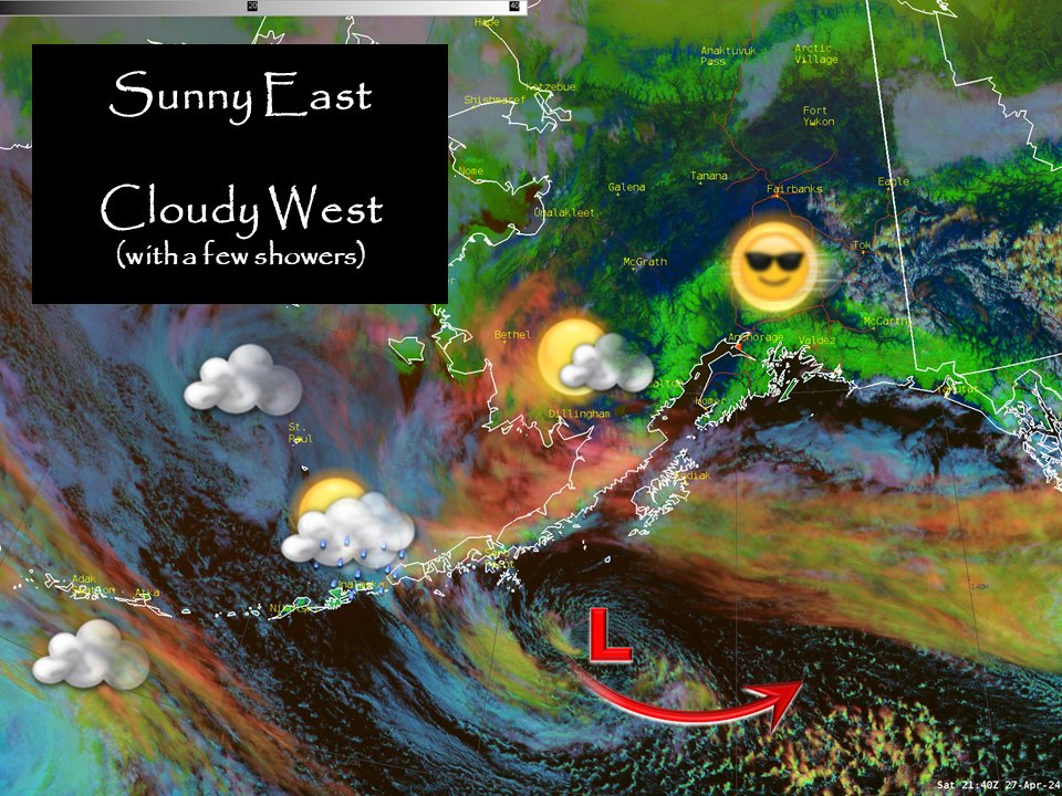 Fairly quiet #AKwx! 😎 🌥️🌧️☔️A few showers may occur at times today for the AKPen & along the Aleutians this weekend. Pop-up showers could develop over the Copper River Basin to Valdez/Cordova midday Sun. 🌬️🌧️The next front reaches the W. Aleutians Mon.