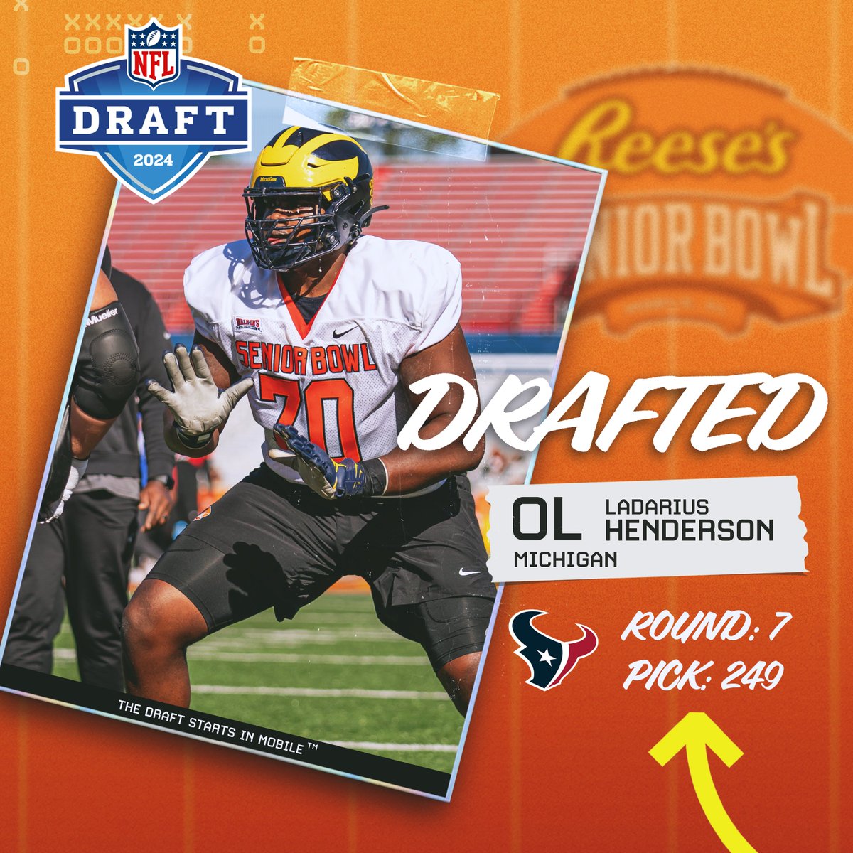 #NFLDraft The @HoustonTexans have selected Senior Bowl alum LaDarius Henderson out of @UMichFootball. Congratulations! #HTownMade #TheDraftStartsInMOBILE™️