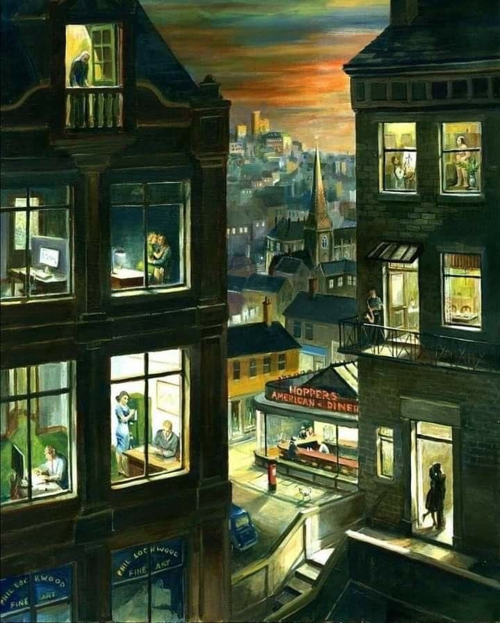 Phil Lockwood (b.1941 ~ The Office at Night - homage to Edward Hopper, in every window is an Edward Popper painting, 2012