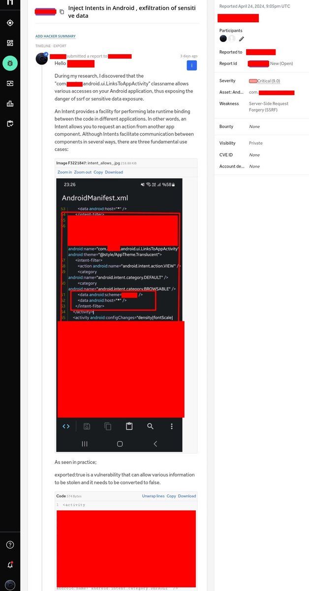 If you see android:exported='true' in AndroidManifest.xml in Android pentests, you should definitely try the intent injection method, this may give you ssrf, exfiltration sensitive data, rce. Credit:@ynsmroztas #BugBounty #bugbountytips