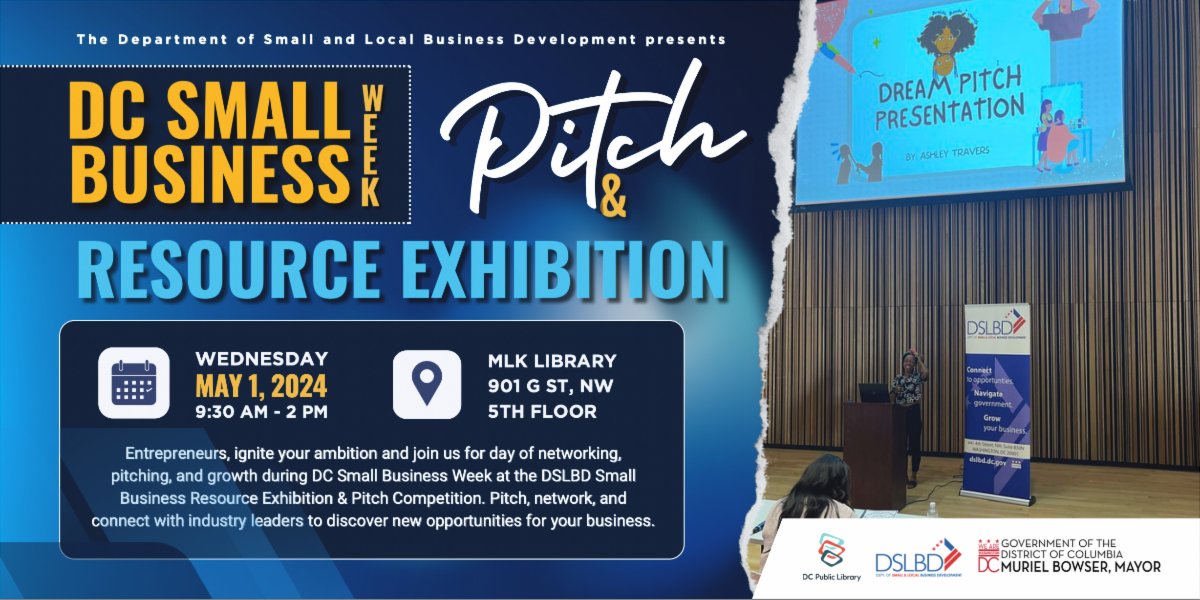 Join the interactive workshops by DSLBD's Inno.ED team during Small Business Week at MLK Library! Discover strategies to find capital for your DC business and craft a funding-readiness plan using our District Capitalized Passport. May 1, 9:00 am - 2:00 pm. bit.ly/3Umeuwp