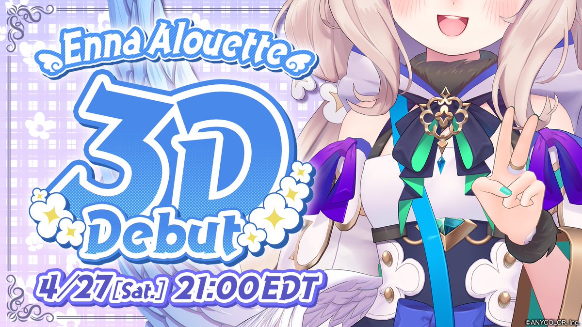 [Enna Alouette 3D Reveal starts soon🕊️🎐] @EnnaAlouette’s 3D Reveal stream starts in TWO hours! ⏰Date & time: April 27th, 21:00 EDT | 28th, 10:00 JST 🔻Waiting room: youtube.com/watch?v=FpxxZs… #EnnaIsReal3D #NIJISANJI3DReveal