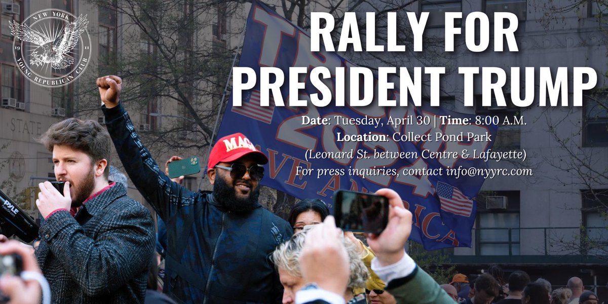 Join us this Tuesday, April 30th at 8am at Collect Pond Park to peacefully rally in support of President Trump as he faces unprecedented political persecution. For press inquiries, contact info@nyyrc.com.