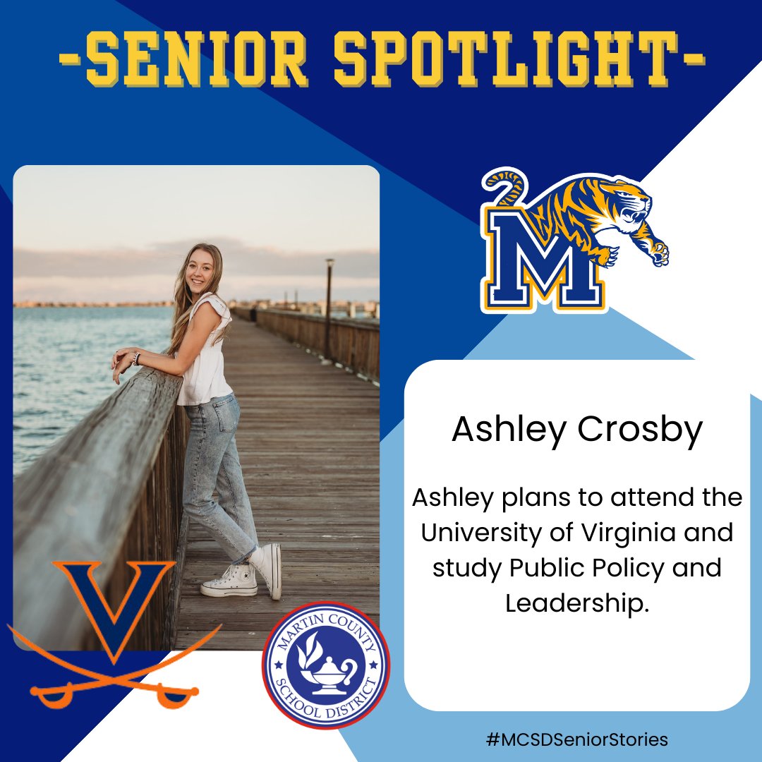 🎓#MCSDSENIORSTORIES🎓

This evening, we are shining a spotlight on @MartinCountyHi1 senior Ashley Crosby!

Ashley plans to attend @UVA and major in public policy and leadership.

🎉Congratulations, Ashley!🎉

#ALLINMartin👊 #PublicSchoolProud #Classof2024